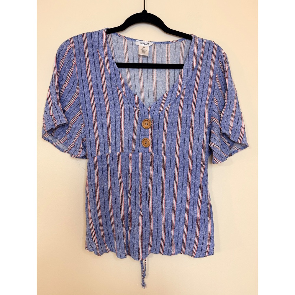 Persaya Womens Blue Striped V-Neck Short Sleeve Rayon Tie Back Blouse Medium
